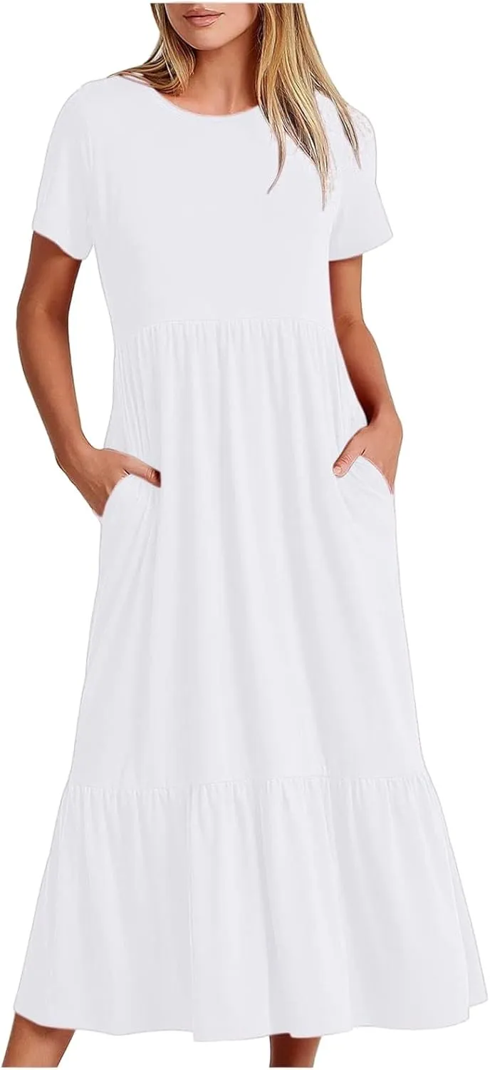 Dresses for Women Short Sleeve Crewneck Ruffle Waist Maxi Dress Summer Tiered Layered Swing Dress Sundress 2025