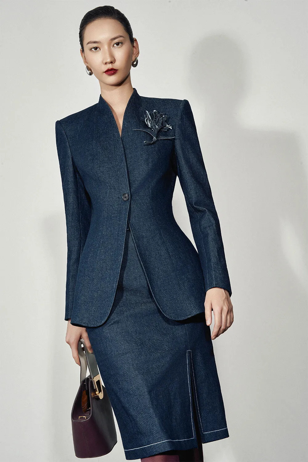 Elara A-line Square Shoulder Denim Blazer
