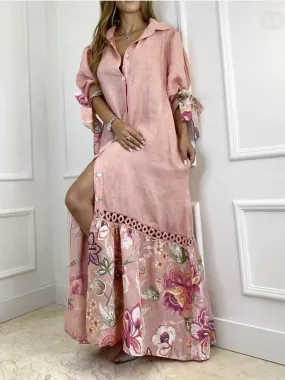 Elegant Lantern Sleeve Sundress Women Dress Fashion Lapel Neck Boho Printing Shirt Dress Single Breasted Maxi Dress Robe Femme