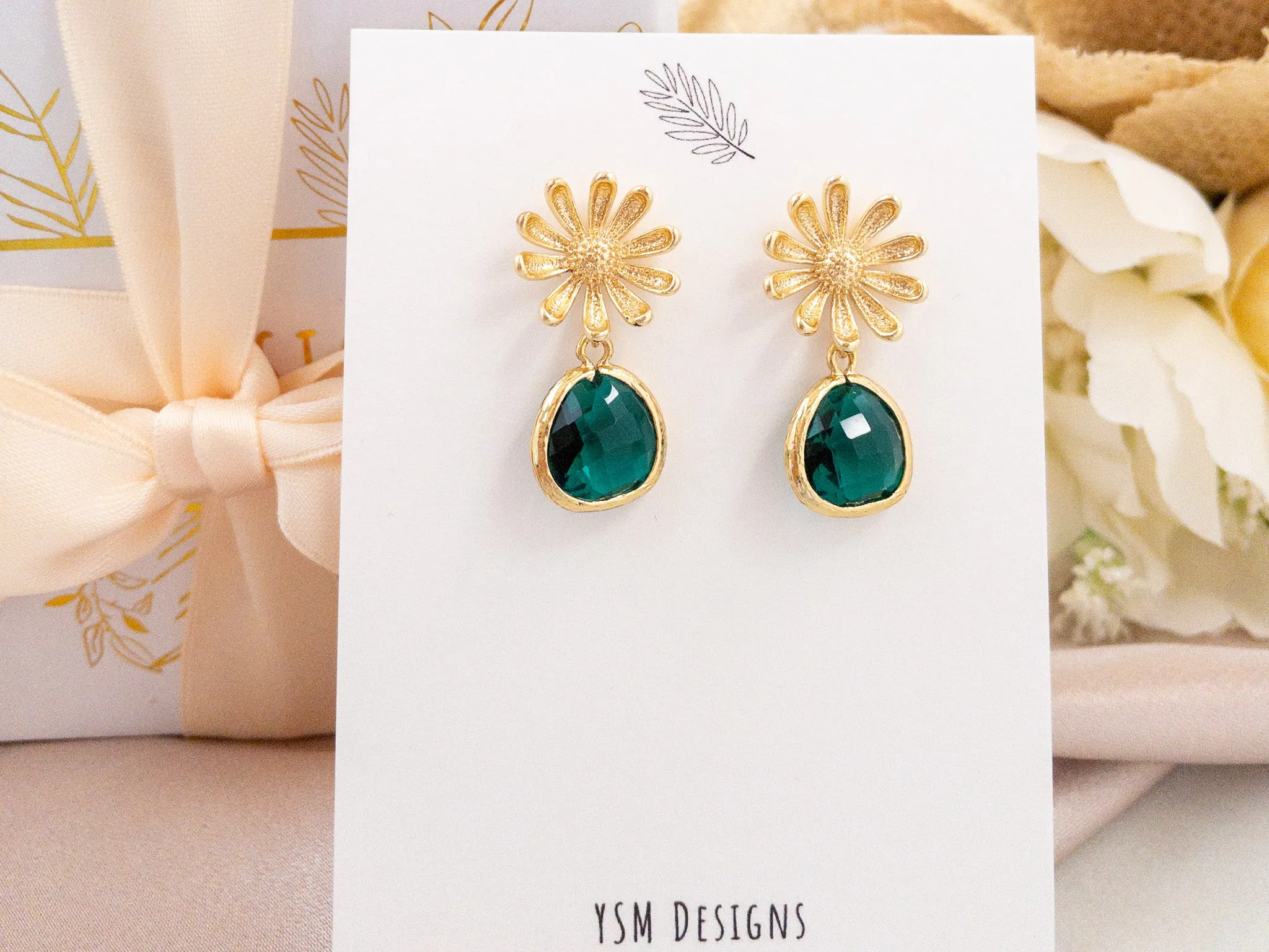 Gold Daisy Flower Earrings with Green Crystals