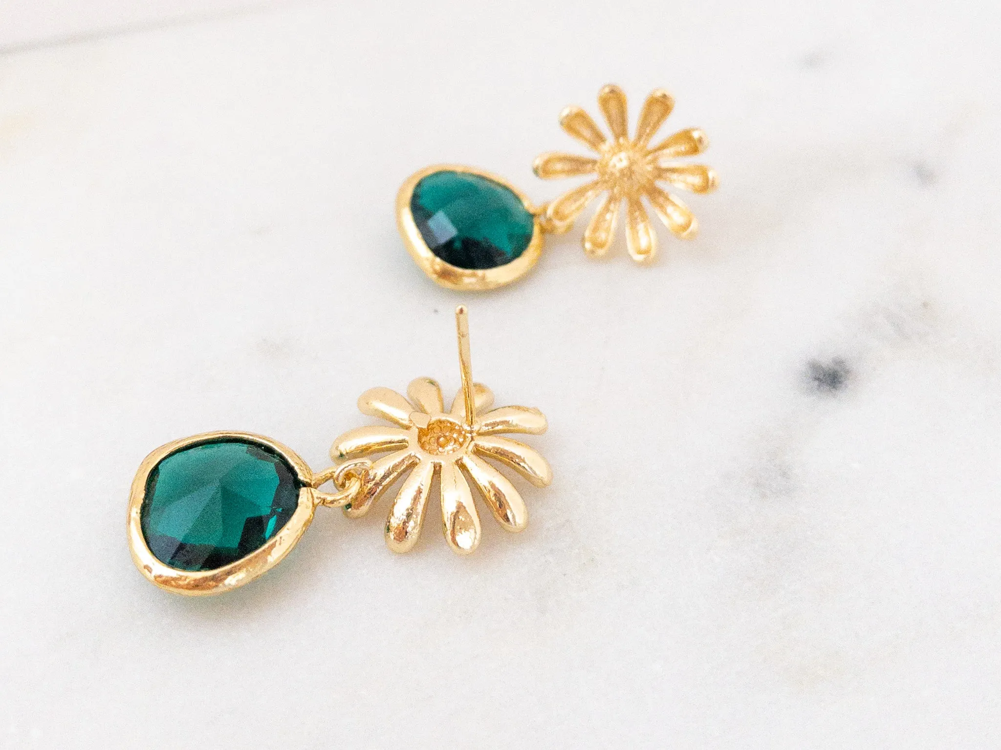 Gold Daisy Flower Earrings with Green Crystals