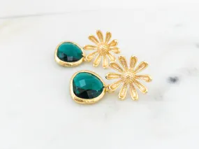 Gold Daisy Flower Earrings with Green Crystals