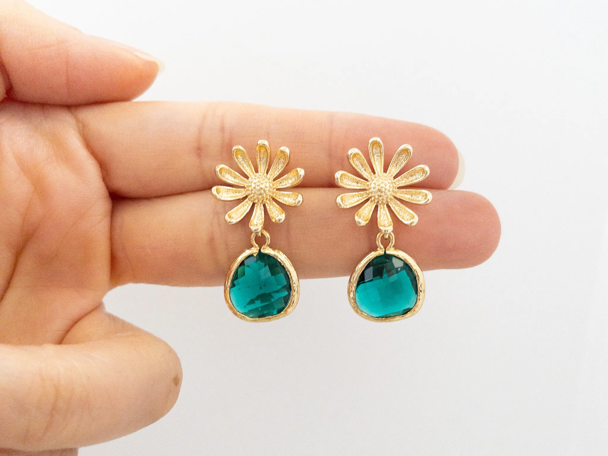 Gold Daisy Flower Earrings with Green Crystals