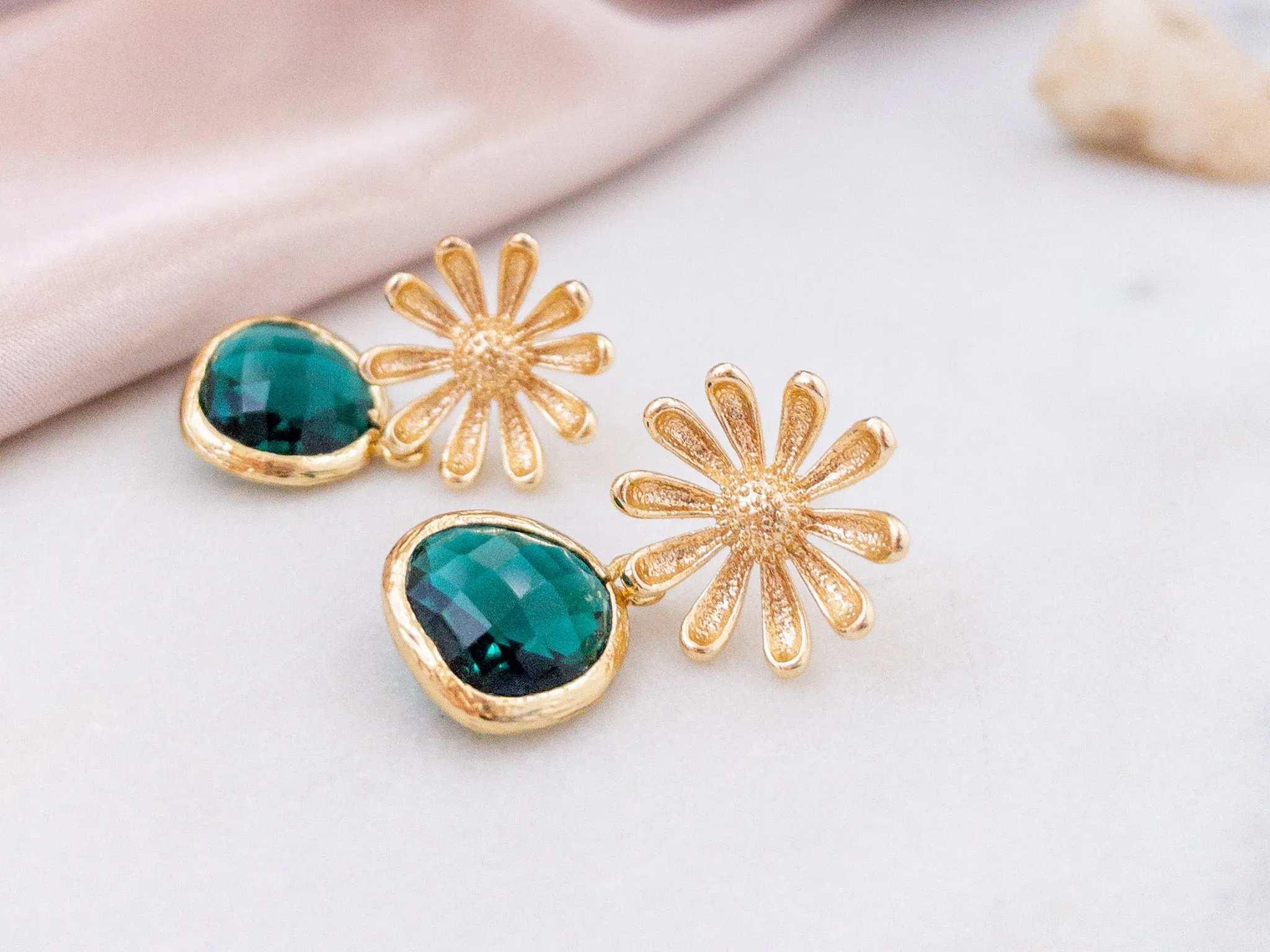 Gold Daisy Flower Earrings with Green Crystals