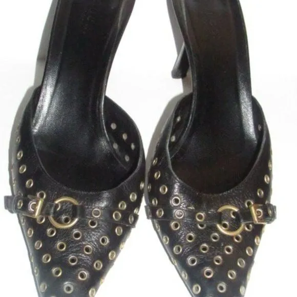 Gucci Black Brass Grommets Mule Kitten Heels