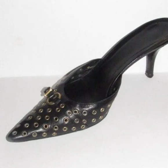 Gucci Black Brass Grommets Mule Kitten Heels