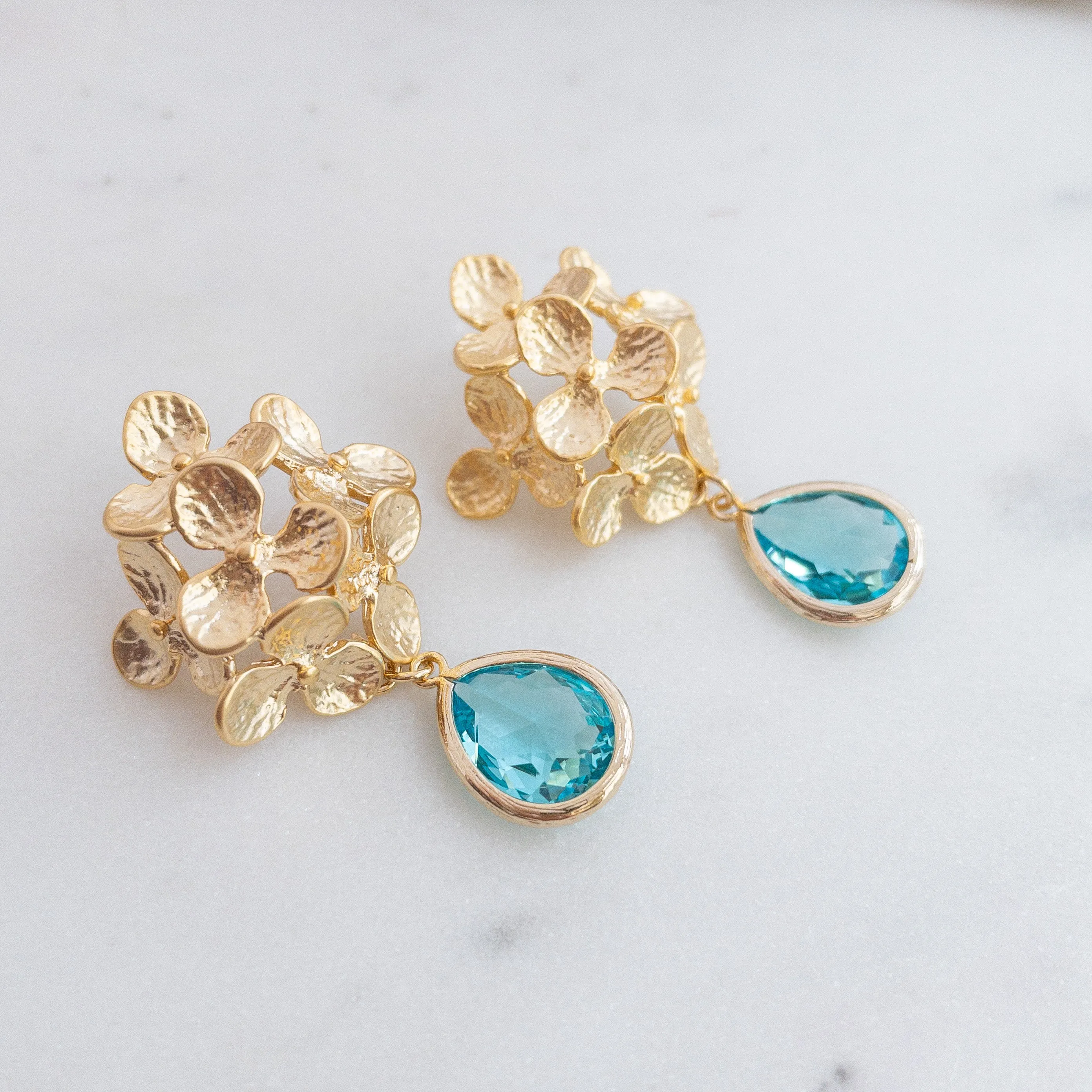 Hydrangea Flower Earrings with Crystal Stones