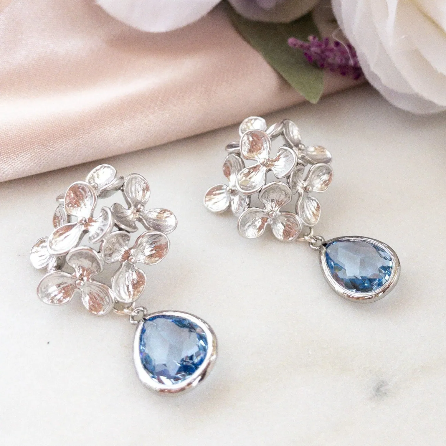 Hydrangea Flower Earrings with Crystal Stones