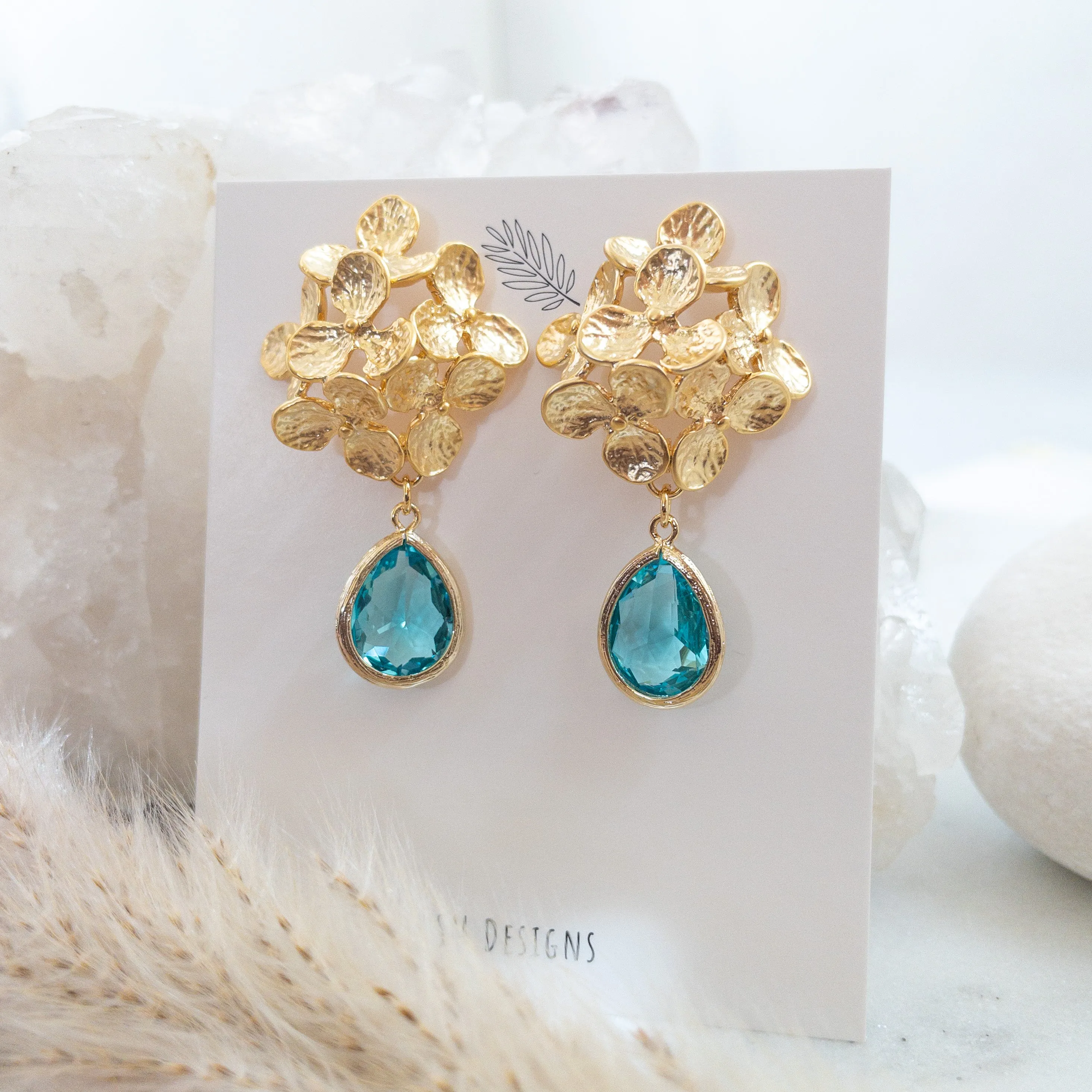 Hydrangea Flower Earrings with Crystal Stones