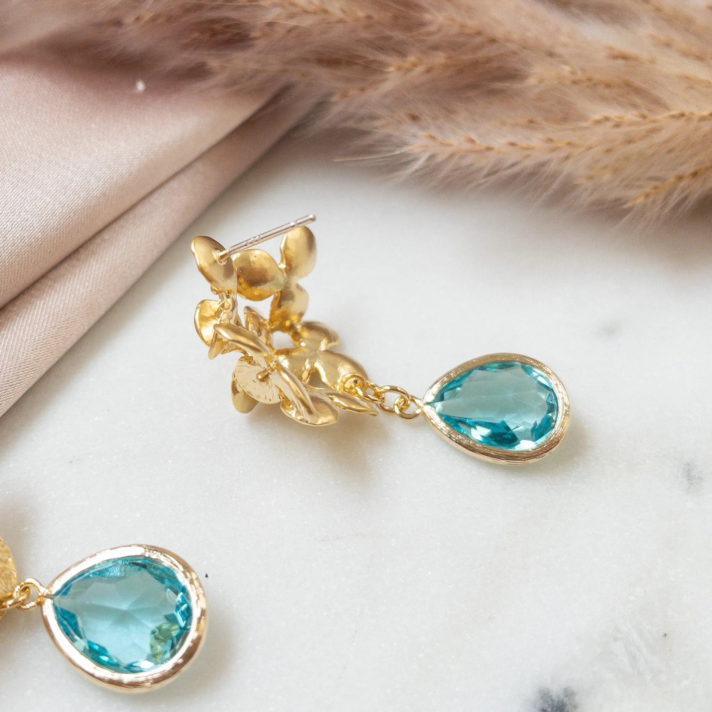 Hydrangea Flower Earrings with Crystal Stones