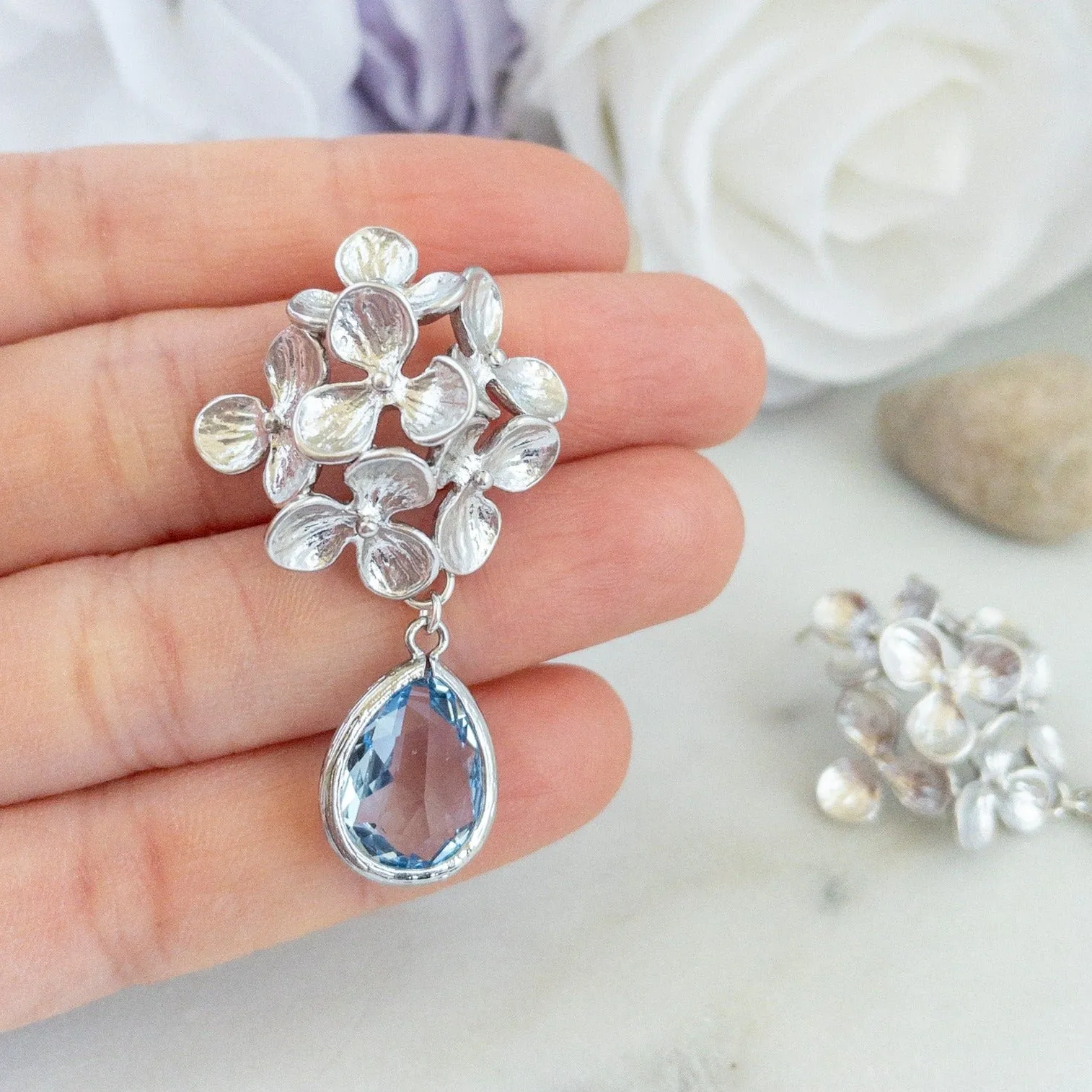 Hydrangea Flower Earrings with Crystal Stones