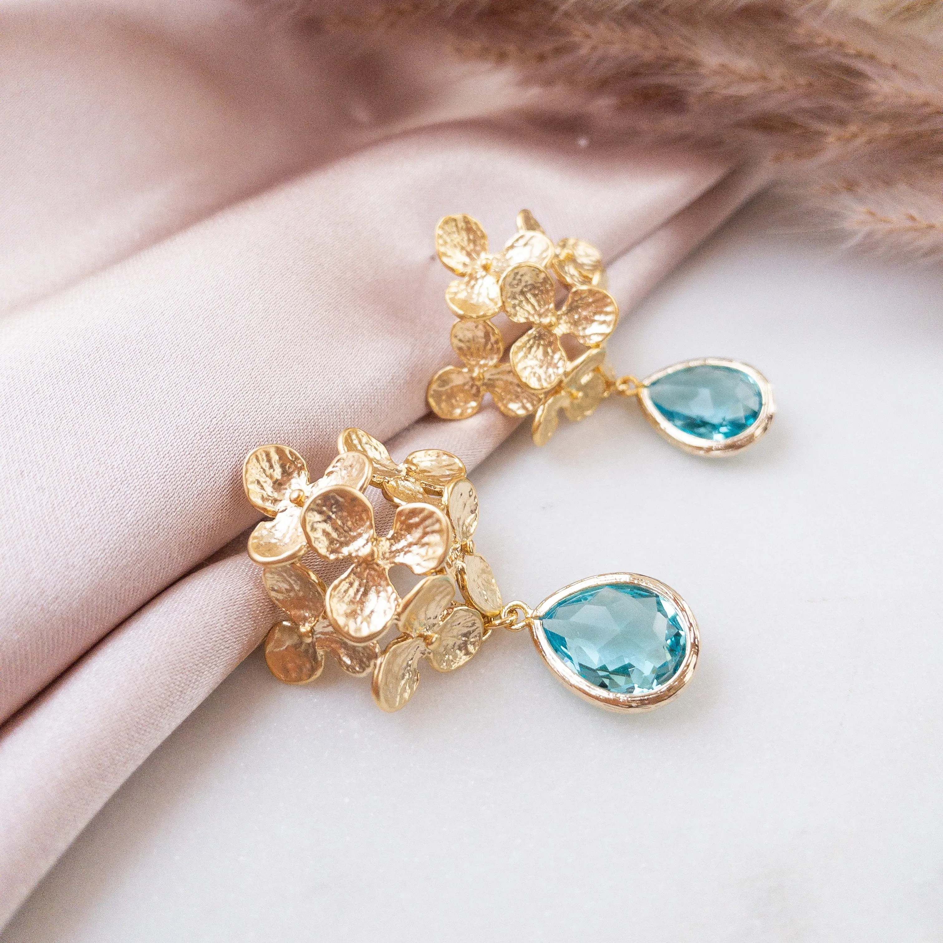 Hydrangea Flower Earrings with Crystal Stones