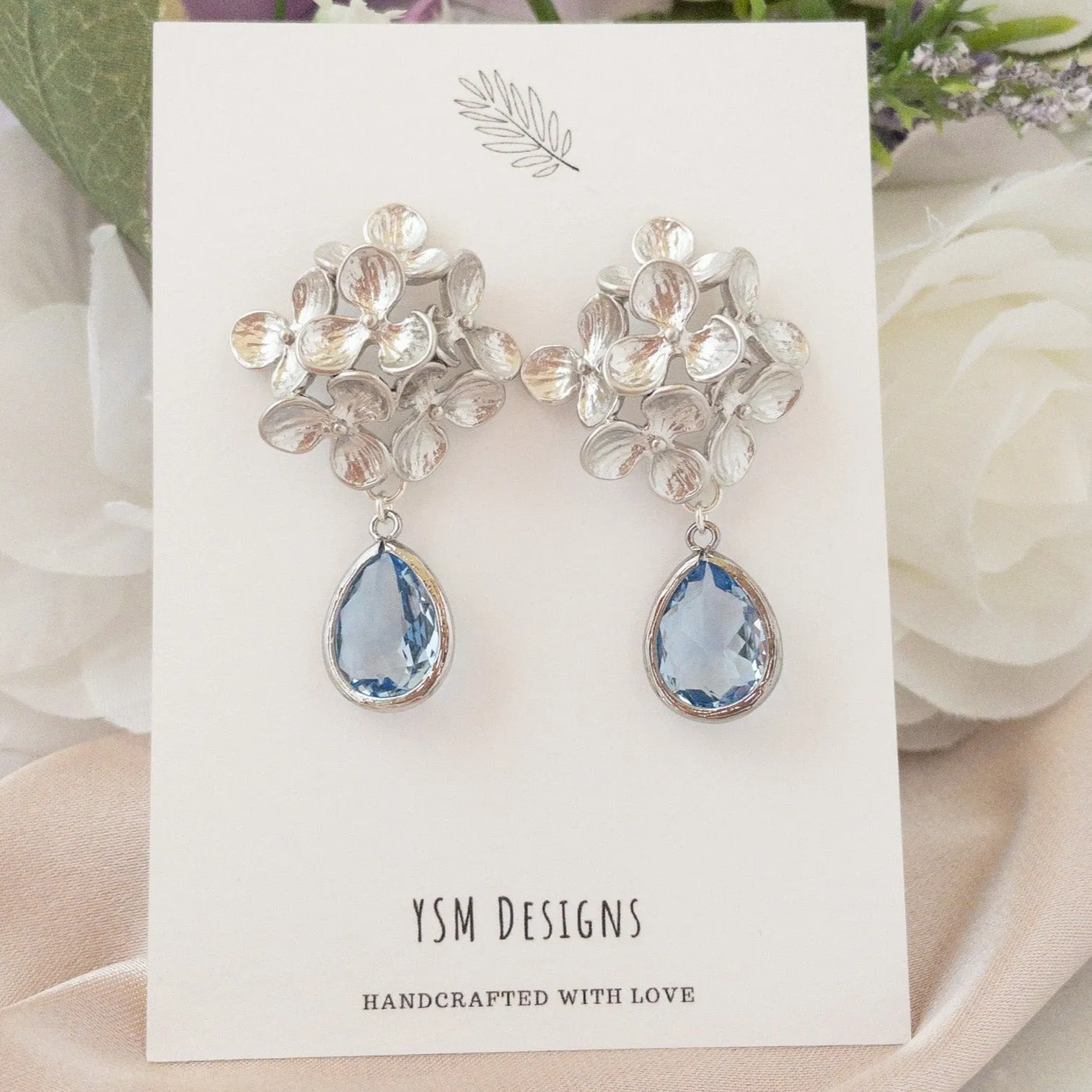 Hydrangea Flower Earrings with Crystal Stones