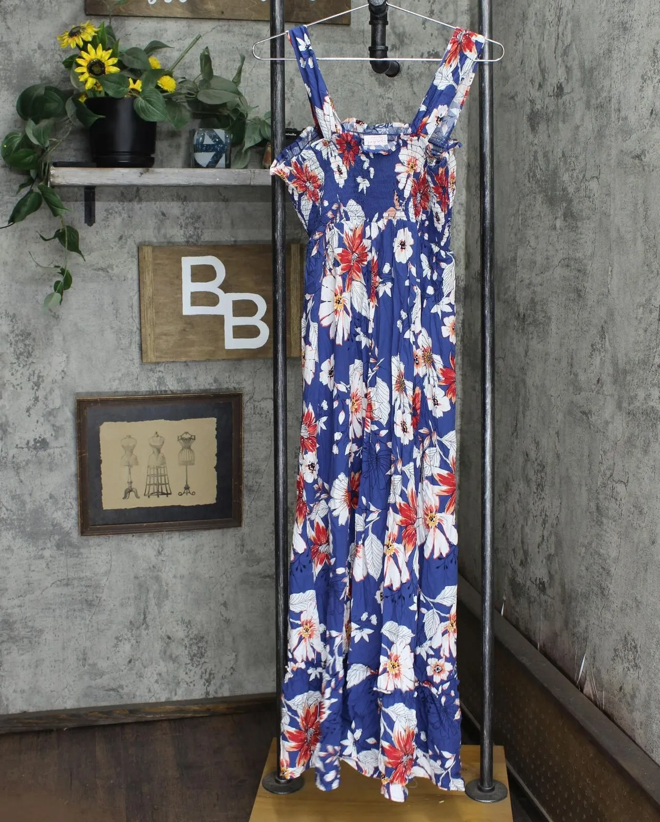 Isabel Maternity Maternity Floral Print Sleeveless Smocked Dress Navy Blue S