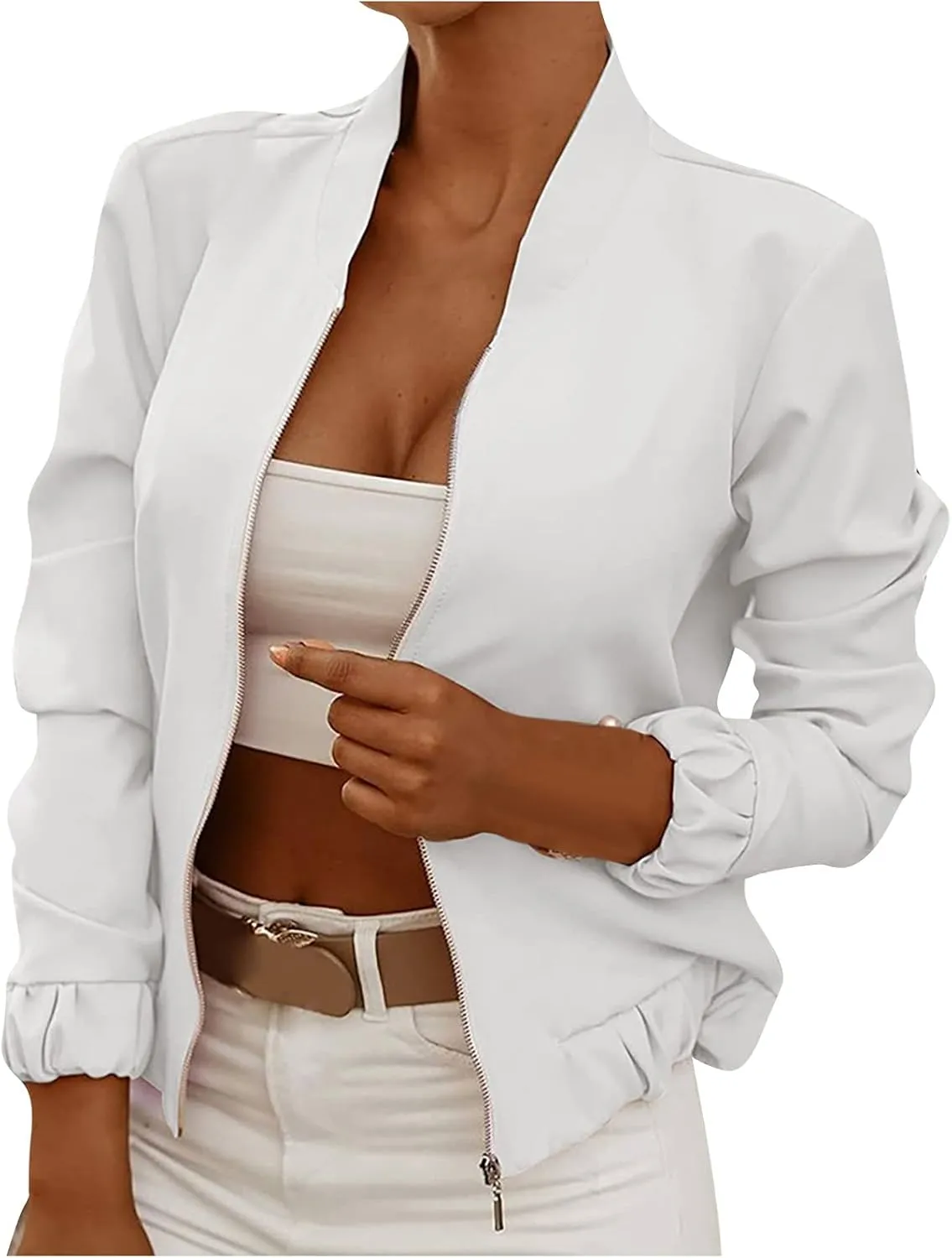 JEGULV Blazer for Women Fashion Print Jackets Stand Collar Slim Fit Cardigan Zip Up Business Office Suit for Work