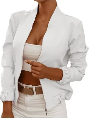 JEGULV Blazer for Women Fashion Print Jackets Stand Collar Slim Fit Cardigan Zip Up Business Office Suit for Work