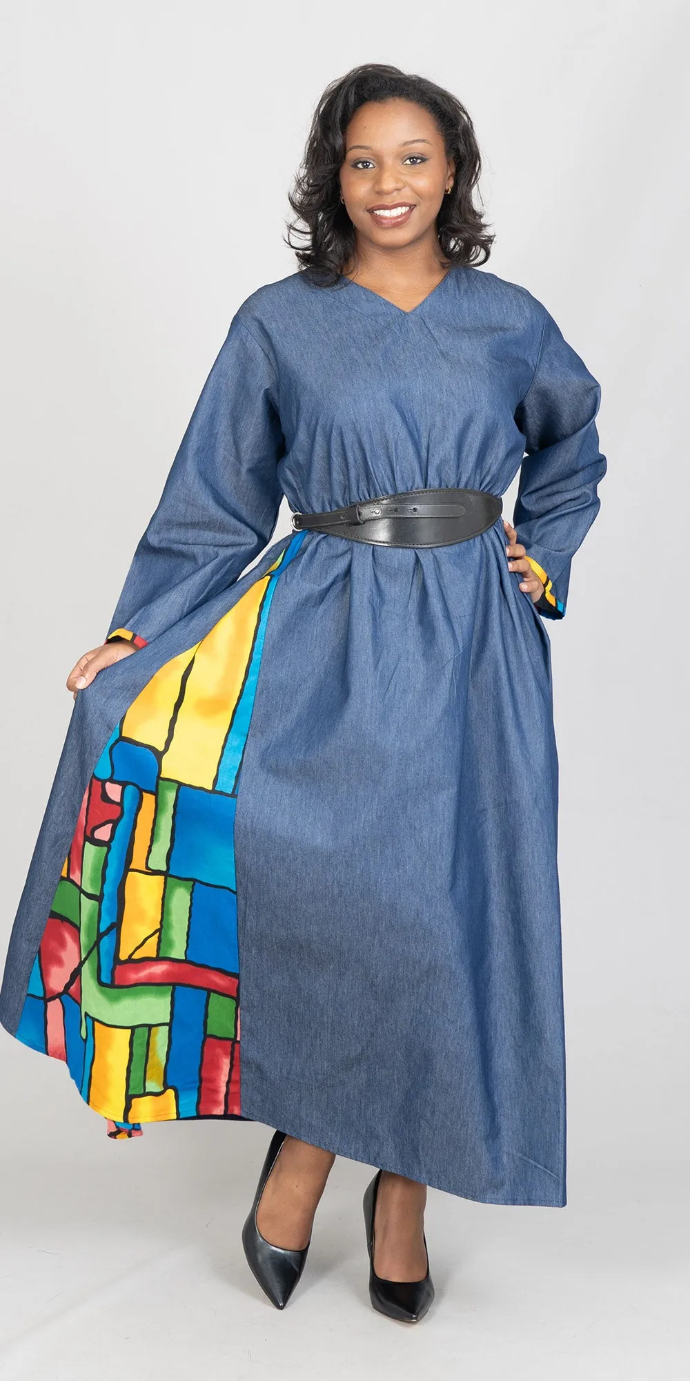 KaraChic 7720D - Denim - Denim Dress with Print Inset