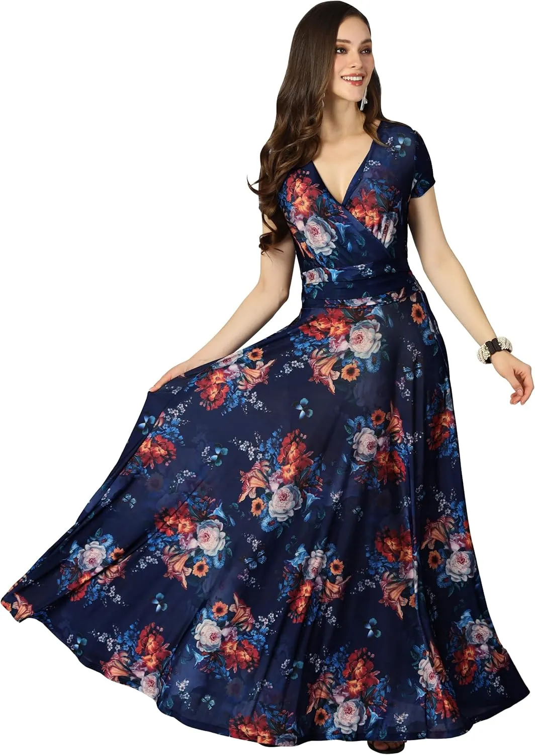 KOH KOH Womens Short Cap Sleeves Abstract Flower Print Long Maxi Dress Gown