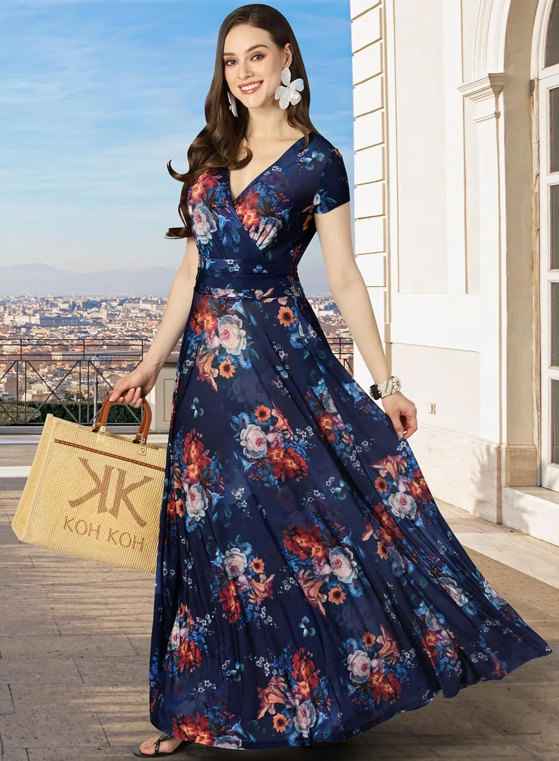 KOH KOH Womens Short Cap Sleeves Abstract Flower Print Long Maxi Dress Gown