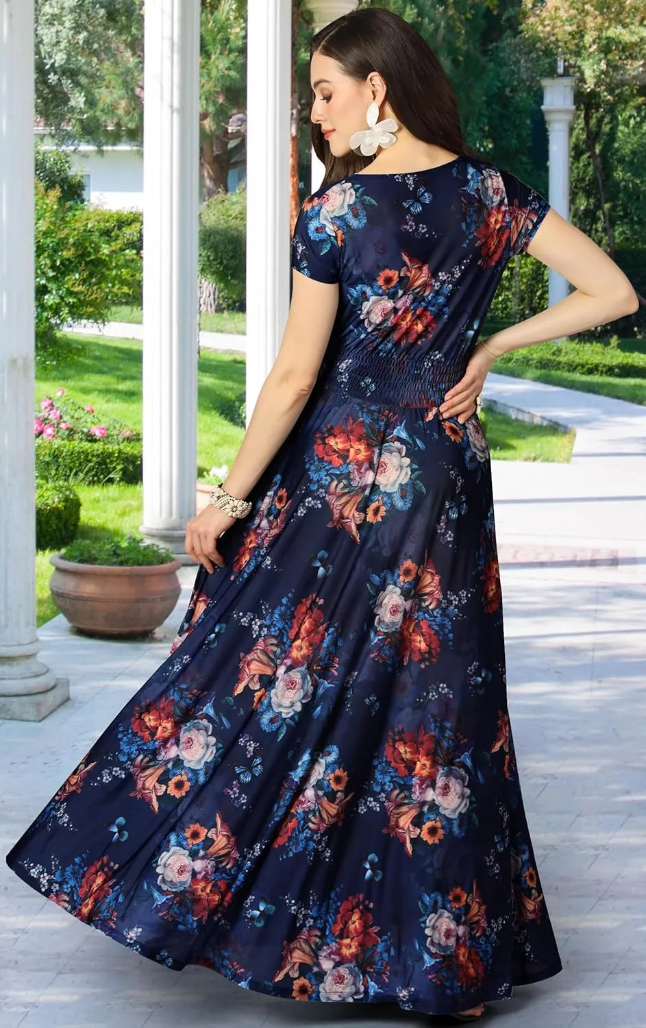 KOH KOH Womens Short Cap Sleeves Abstract Flower Print Long Maxi Dress Gown