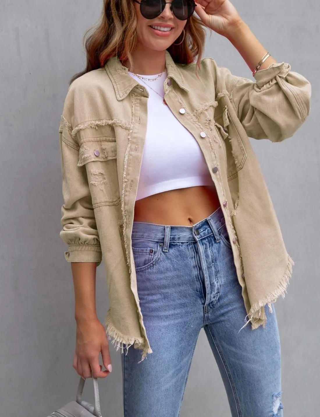 Kwoki Women's Ripped Distressed Denim Jacket Long Sleeve Oversized Raw Hem Jean Trucker Jackets Coat
