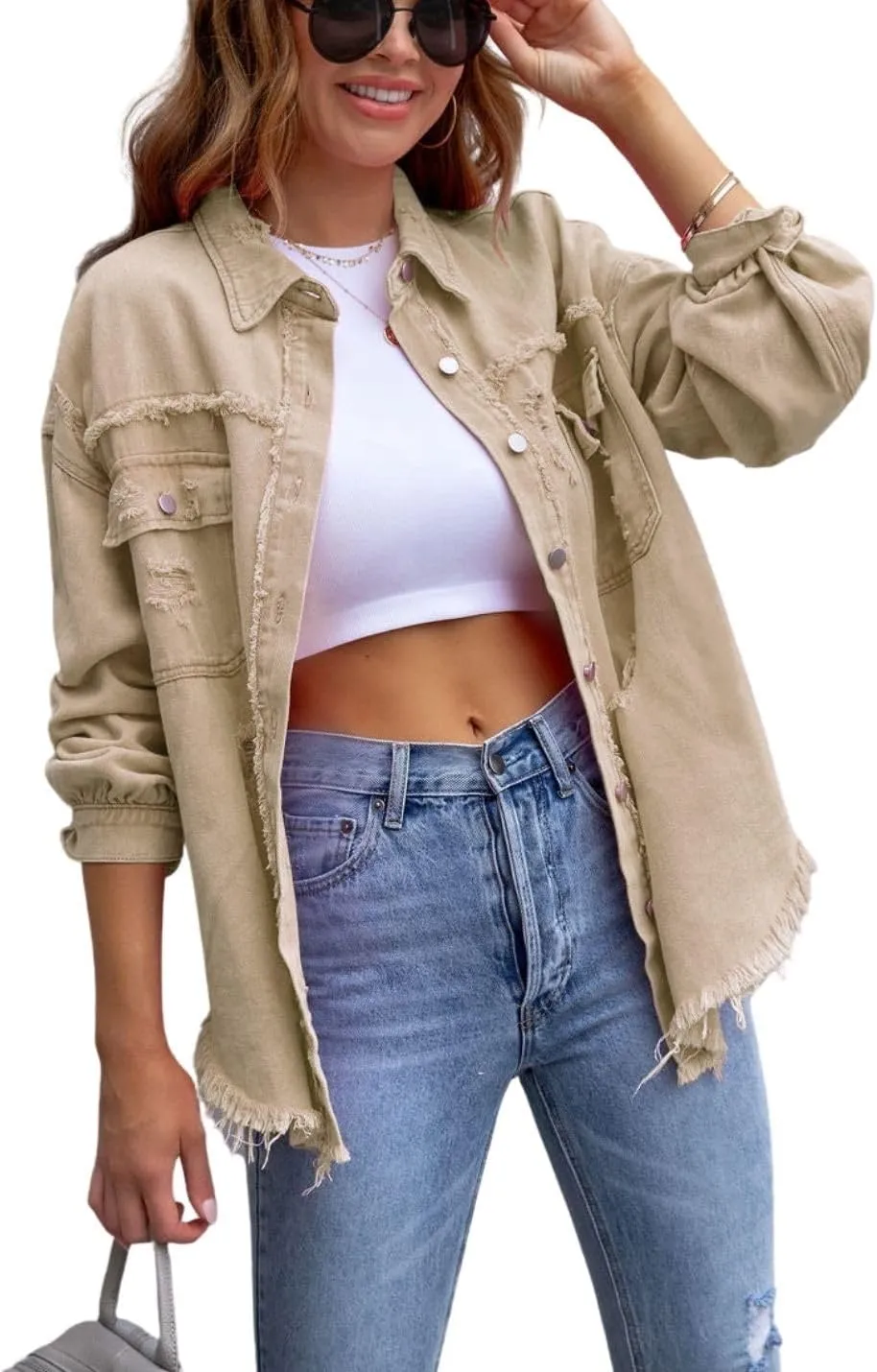 Kwoki Women's Ripped Distressed Denim Jacket Long Sleeve Oversized Raw Hem Jean Trucker Jackets Coat