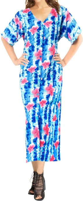 La Leela Womens Floral Beach Cover up Button Closure Evening Dress MAXI Caftan B