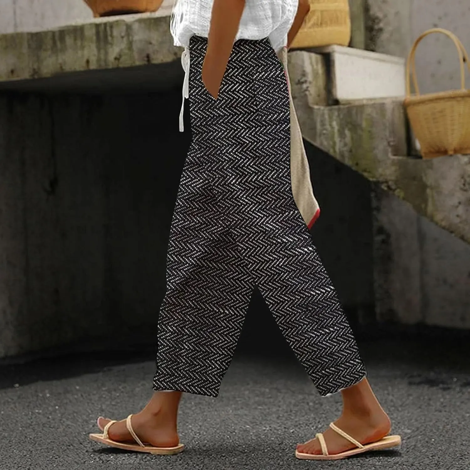 Linen Capri Pants for Women 2024 Capri Pants with Pockets Wide Leg Cropped Pants for Women Linen Capri Pants for