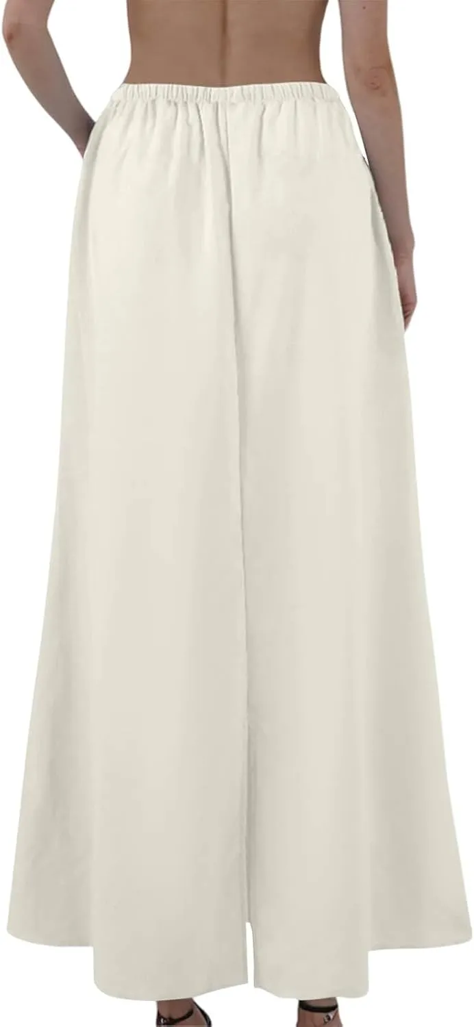 Linen Maxi Skirt for Women Summer Solid Flared Hem Skirt Drawstring Elastic Waisted Flowy Long Skirts with Back Slit