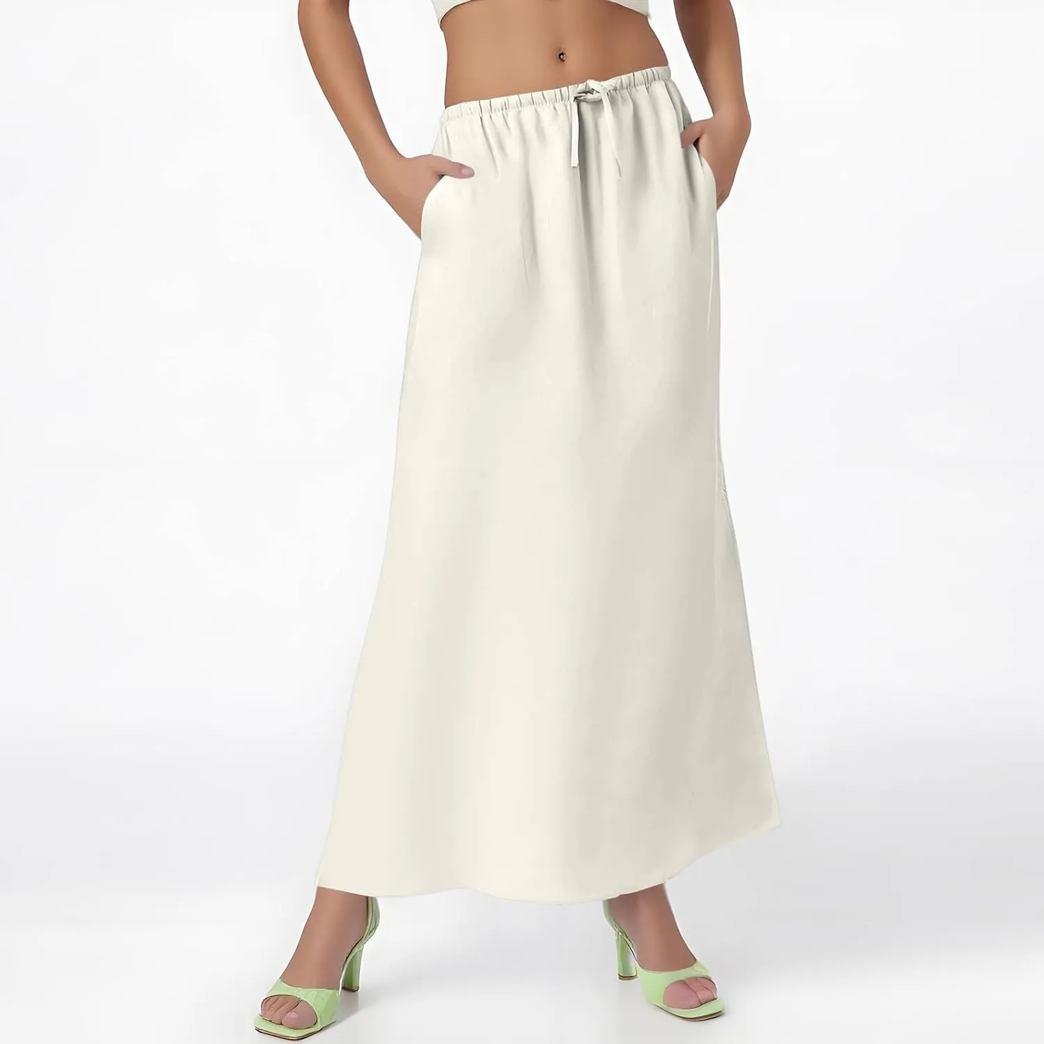 Linen Maxi Skirt for Women Summer Solid Flared Hem Skirt Drawstring Elastic Waisted Flowy Long Skirts with Back Slit
