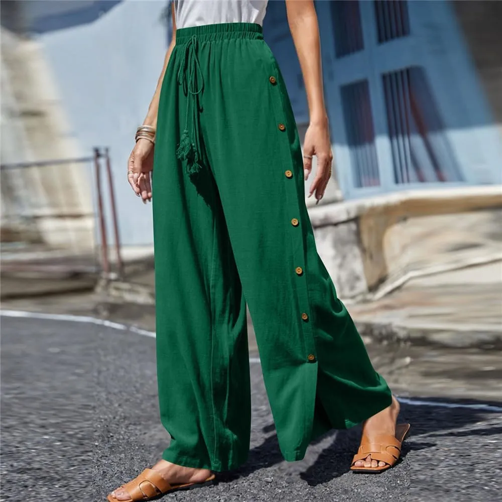 Linen Pants for Women Summer Trendy High Side Split Snap Button Pants Womens Wide Leg Beach Pants S-3XL