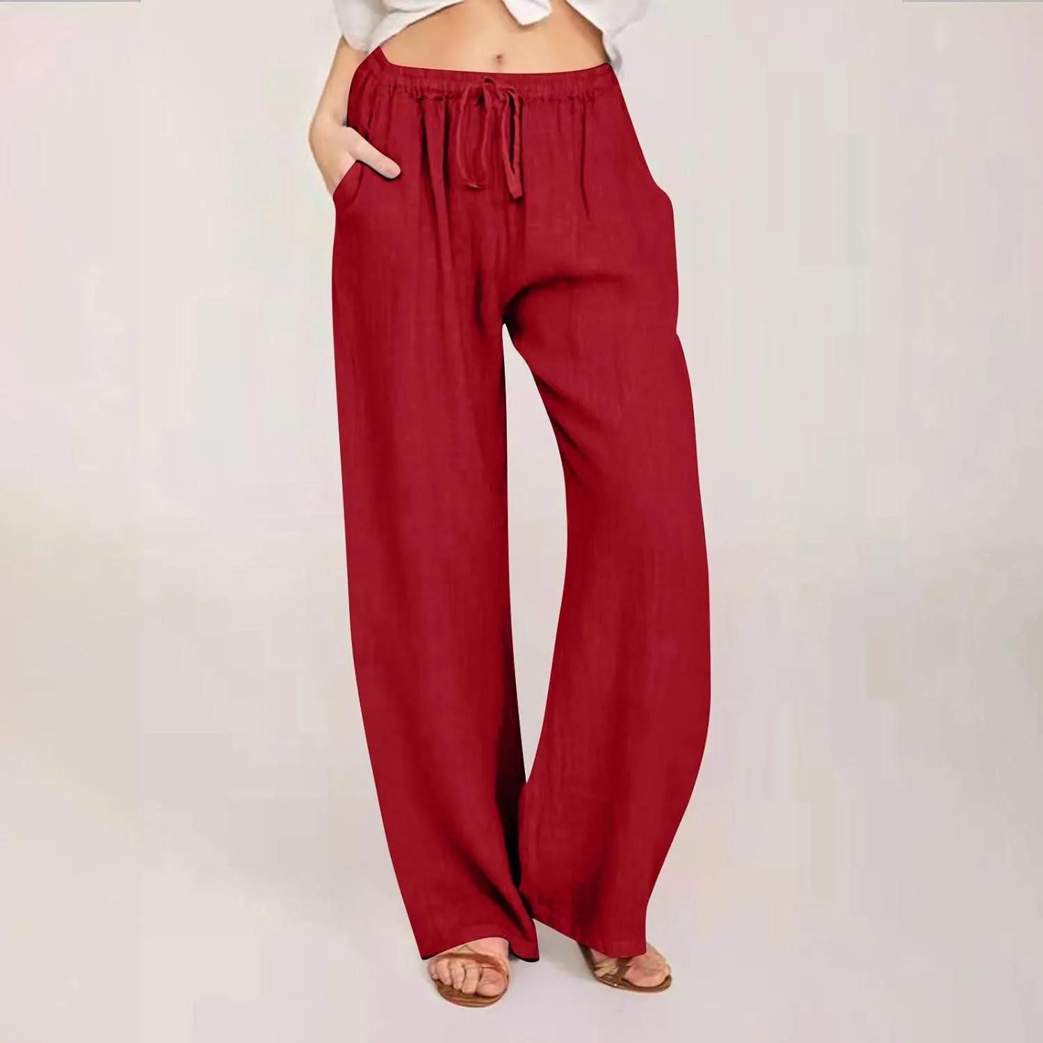 Linen Pants Women Summer 2024 Wide Leg Casual Loose Pant Drawstring High Waist Palazzo Pants Trousers with Pockets