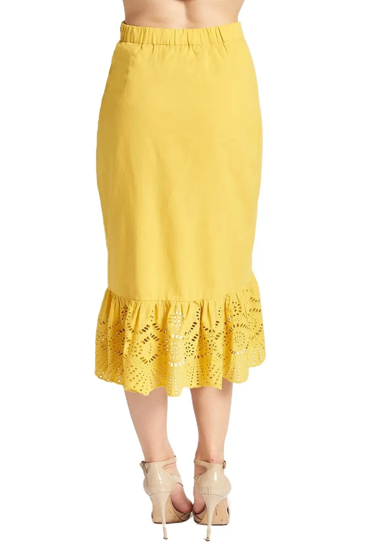 Marigold Aster Hi-Lo Lace Trim Cotton Skirt with Scalloped Hem