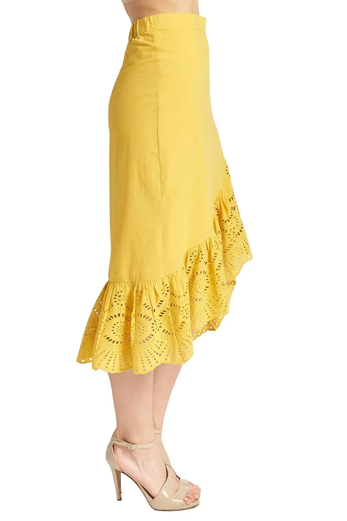 Marigold Aster Hi-Lo Lace Trim Cotton Skirt with Scalloped Hem