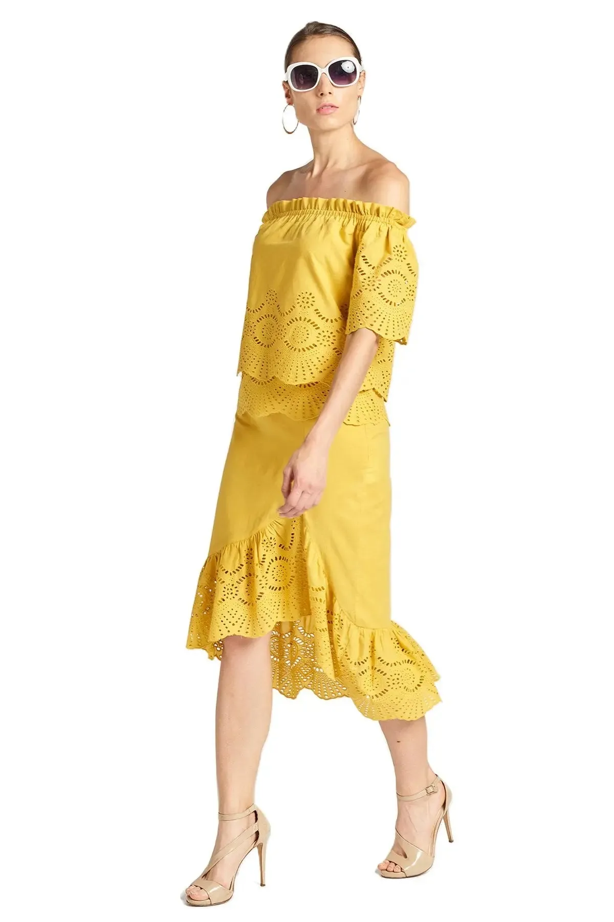Marigold Aster Hi-Lo Lace Trim Cotton Skirt with Scalloped Hem