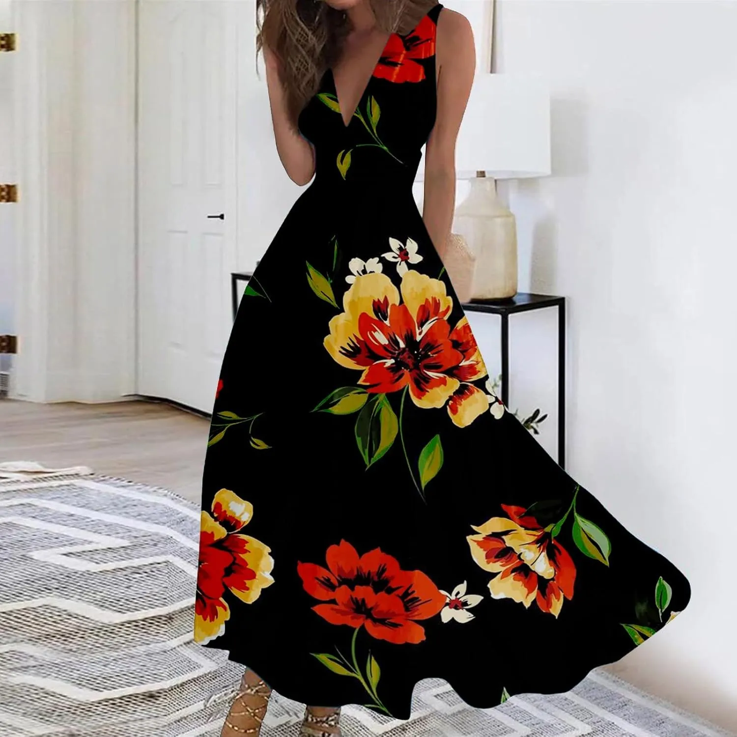 Maxi Dress for Women 2025 Summer Elegant Wrap V Neck Sleeveless Dresses Plus Size Casual Floral Boho Flowy Beach Sundresses