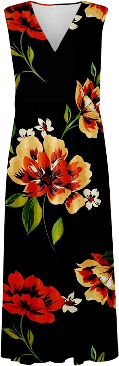 Maxi Dress for Women 2025 Summer Elegant Wrap V Neck Sleeveless Dresses Plus Size Casual Floral Boho Flowy Beach Sundresses