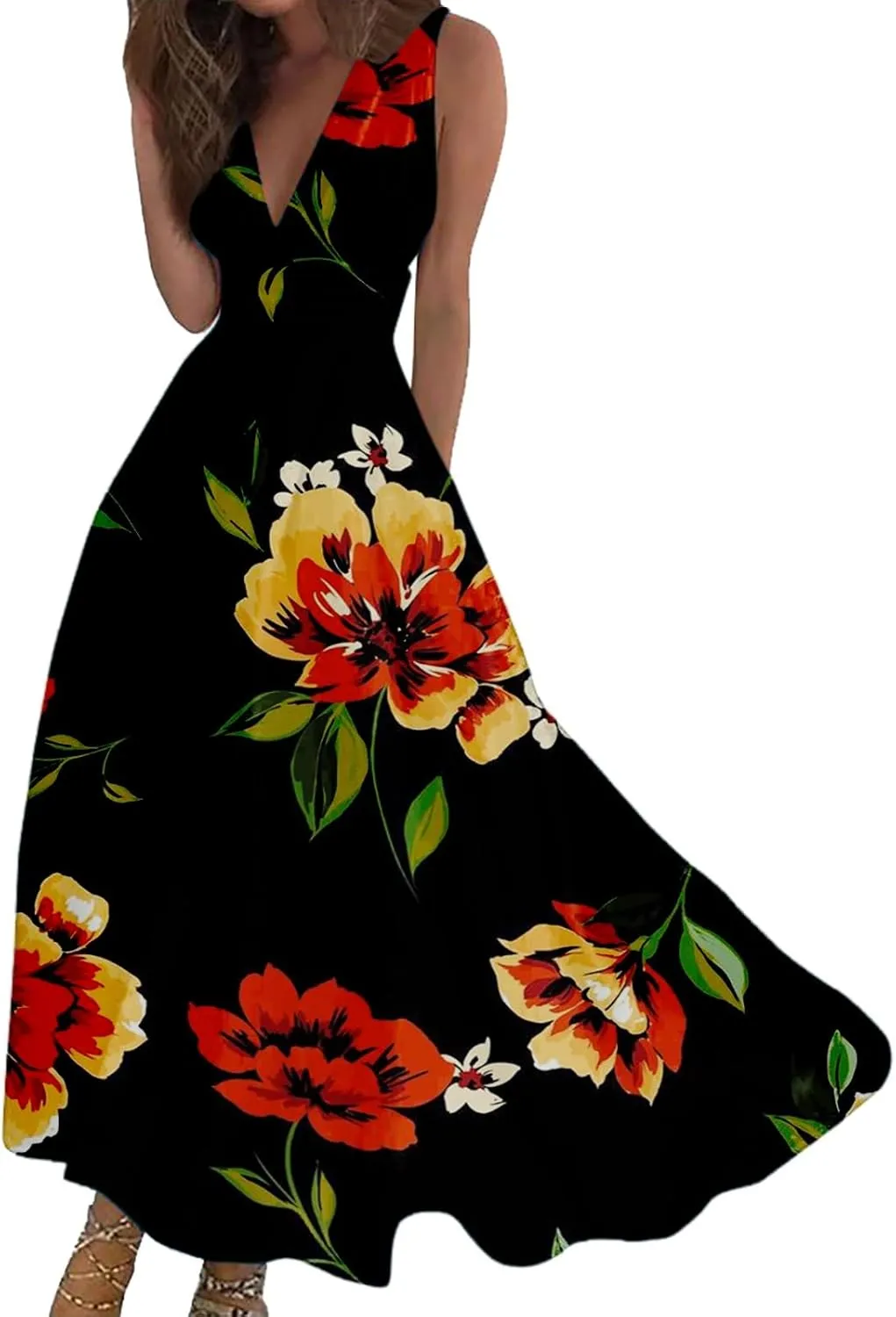 Maxi Dress for Women 2025 Summer Elegant Wrap V Neck Sleeveless Dresses Plus Size Casual Floral Boho Flowy Beach Sundresses