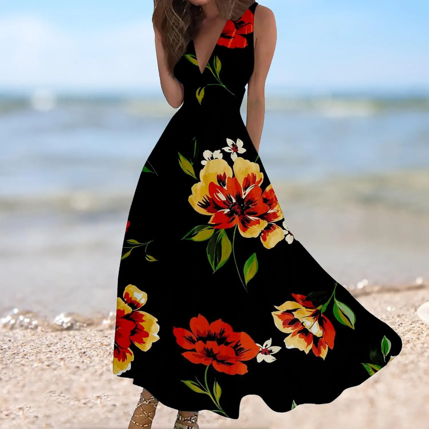 Maxi Dress for Women 2025 Summer Elegant Wrap V Neck Sleeveless Dresses Plus Size Casual Floral Boho Flowy Beach Sundresses