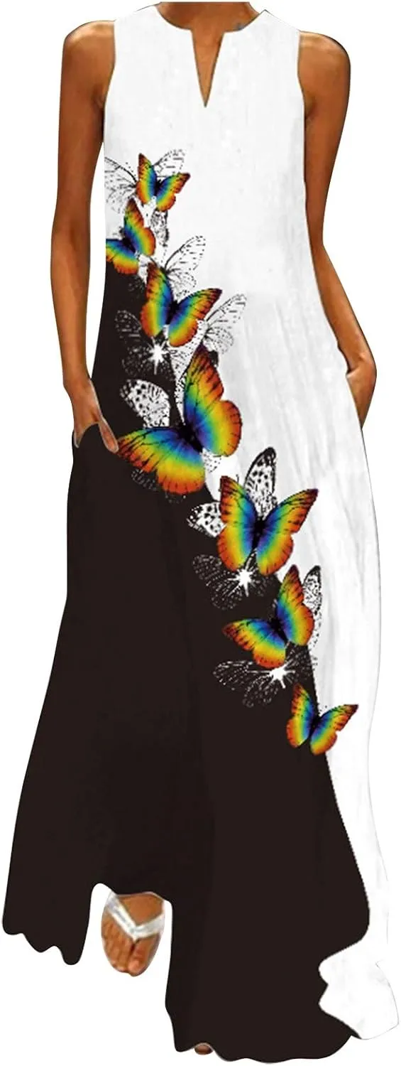 Maxi Dresses for Women 2024 Casual Plus Size Printed Sundresses with Pockets Trendy V Neck Sun Dress Summer Dress