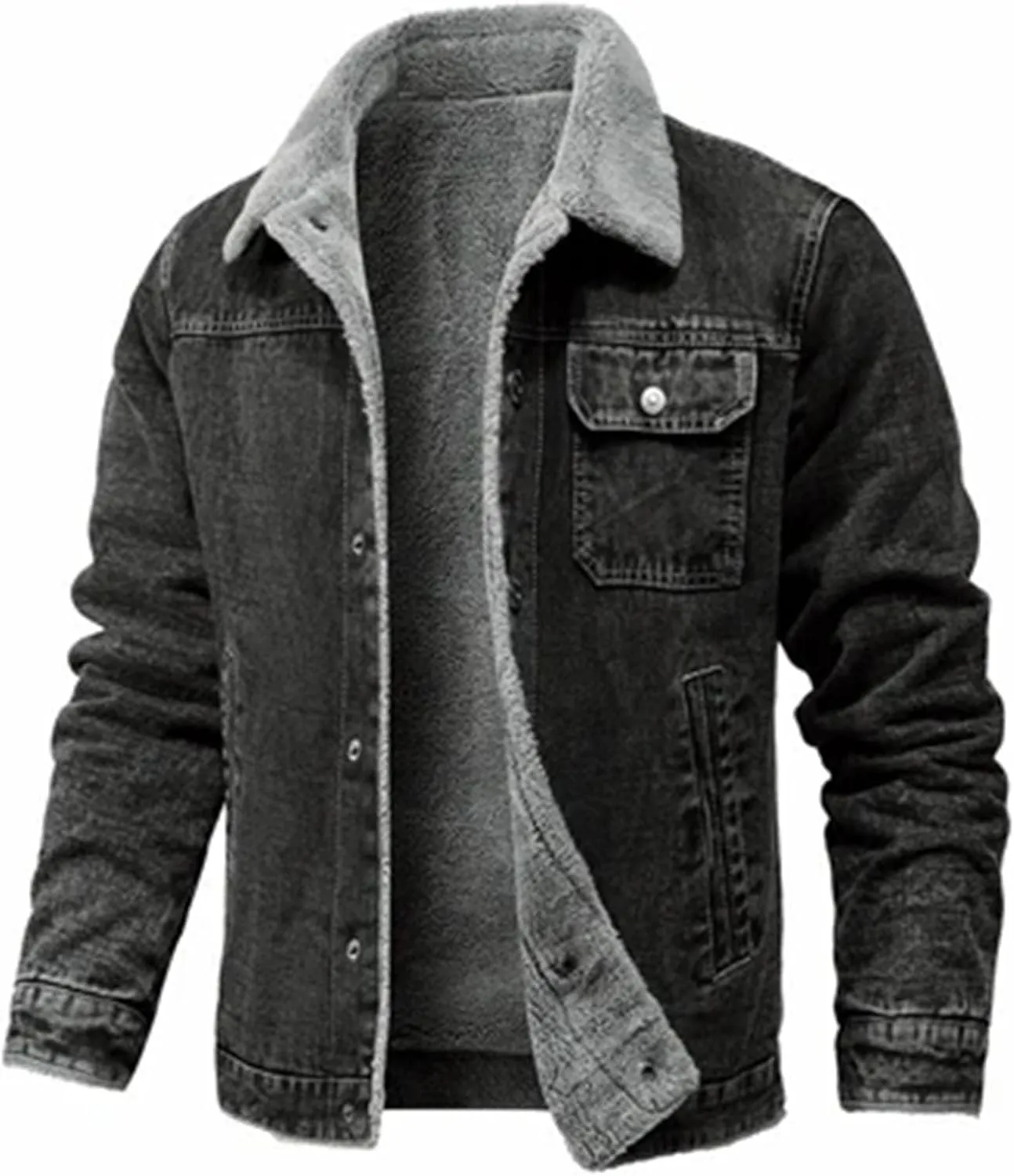 Men's Lapel Fleece Lined Padded Denim Jacket Warm And Soft Trucker Jacket