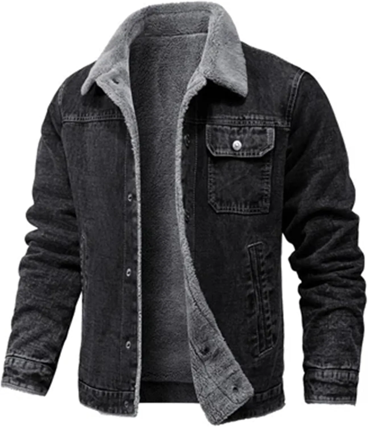 Men's Lapel Fleece Lined Padded Denim Jacket Warm And Soft Trucker Jacket