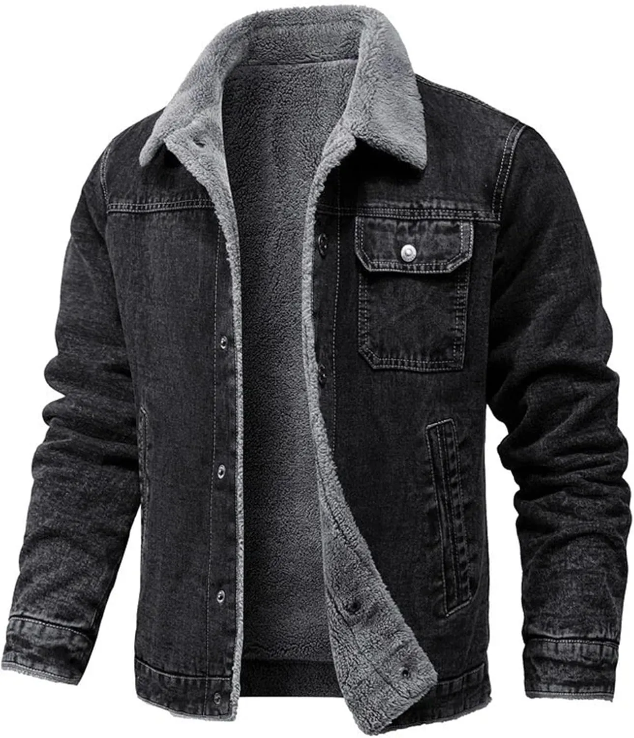 Men's Lapel Fleece Lined Padded Denim Jacket Warm And Soft Trucker Jacket