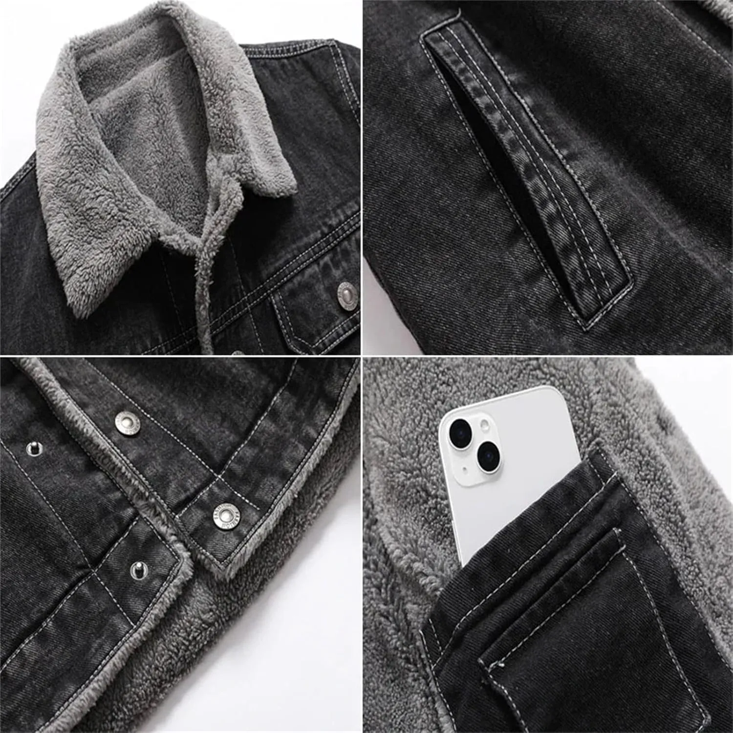 Men's Lapel Fleece Lined Padded Denim Jacket Warm And Soft Trucker Jacket