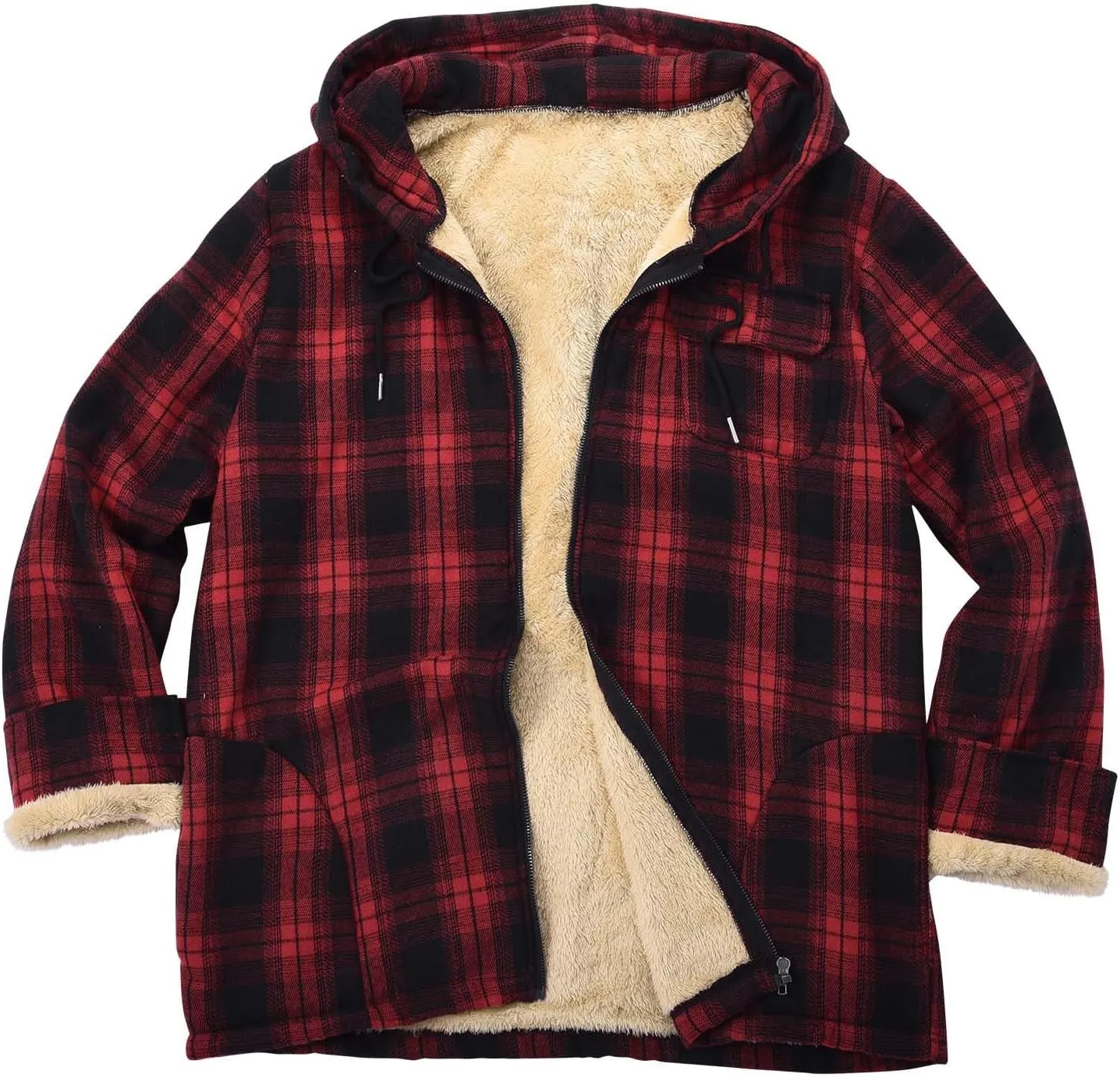 Men's Sherpa Lined Plaid Hoodies Full Zip Hooded Shirt Jacket Thick Fleece Flannel Jackets Soft Warm Coat with Hood