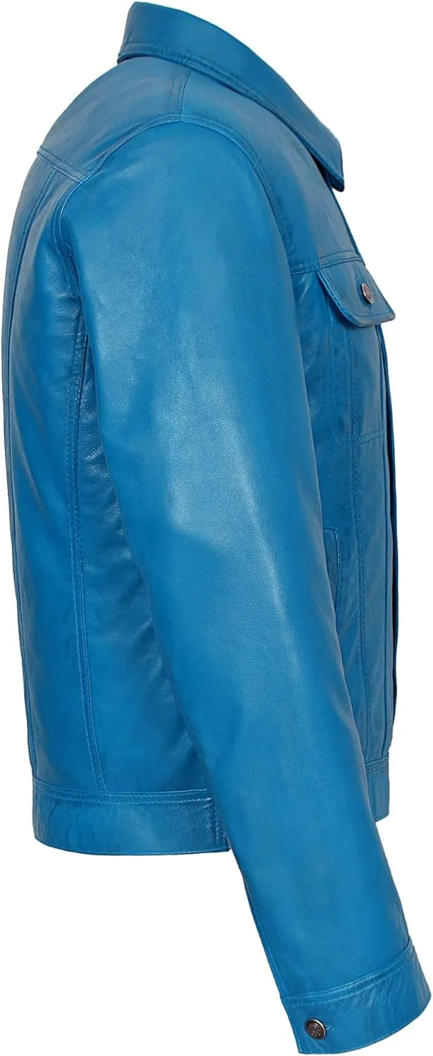 Men's Trucker Classic Western Soft Genuine Leather Shirt Style Denim Look Jacket 1280