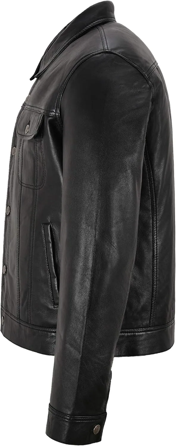 Men's Trucker Classic Western Soft Genuine Leather Shirt Style Denim Look Jacket 1280
