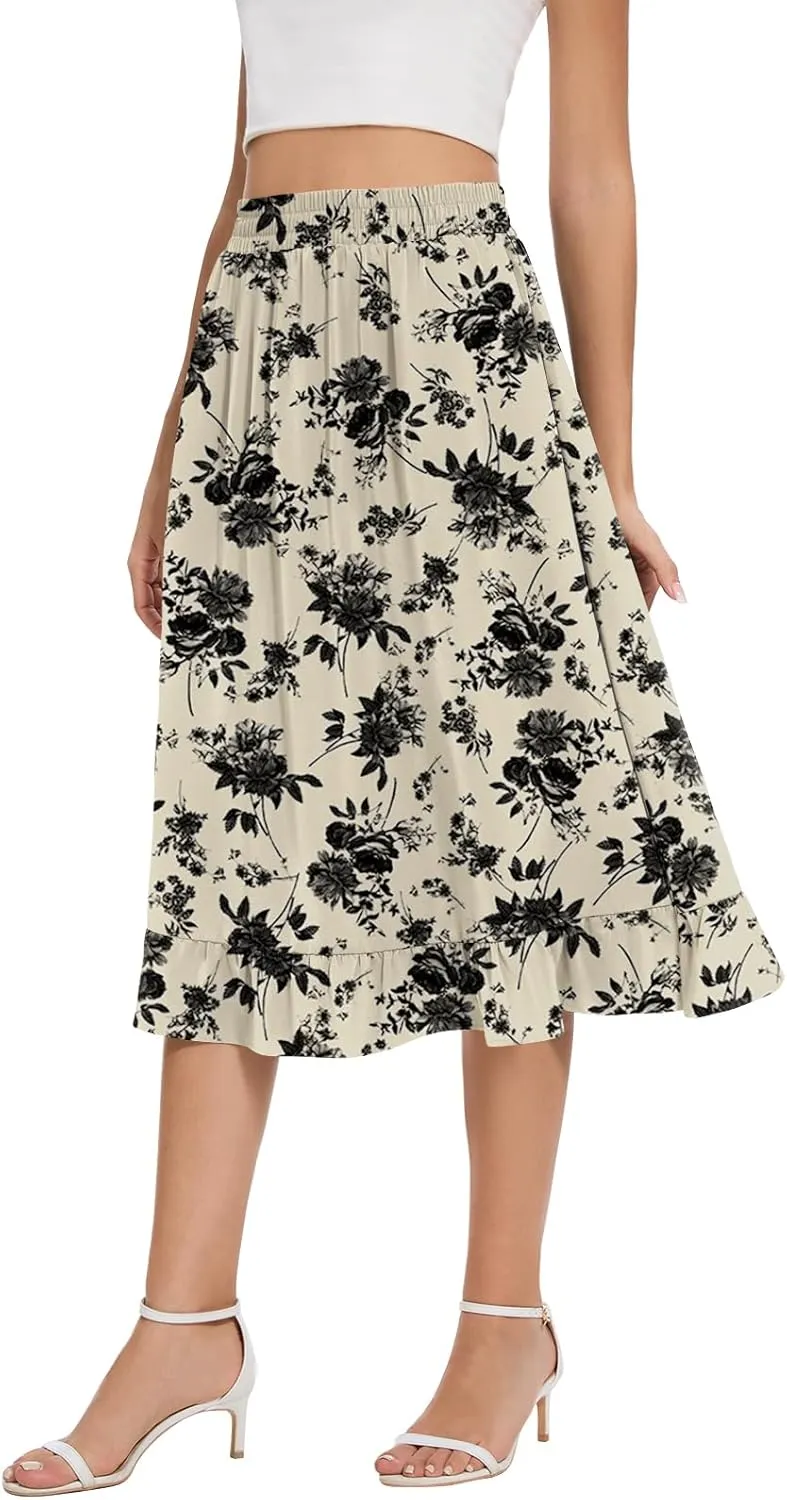 Midi Skirts for Women Trendy Elastic High Waist Flowy Swing A Line Casual Tiered Ruffle Skirt with Pockets