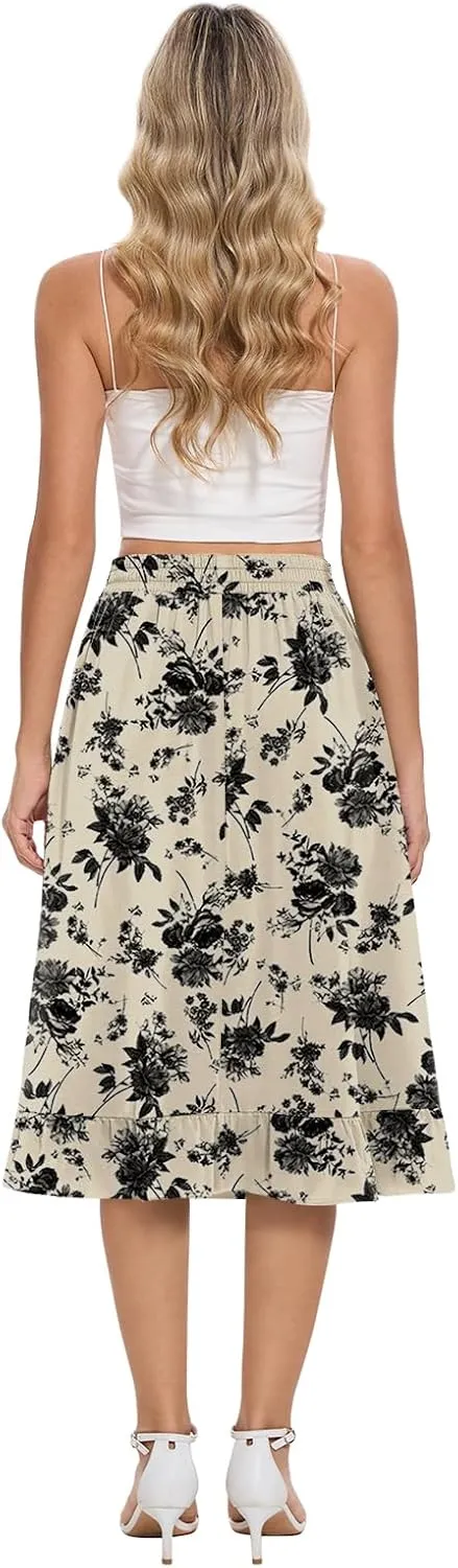Midi Skirts for Women Trendy Elastic High Waist Flowy Swing A Line Casual Tiered Ruffle Skirt with Pockets