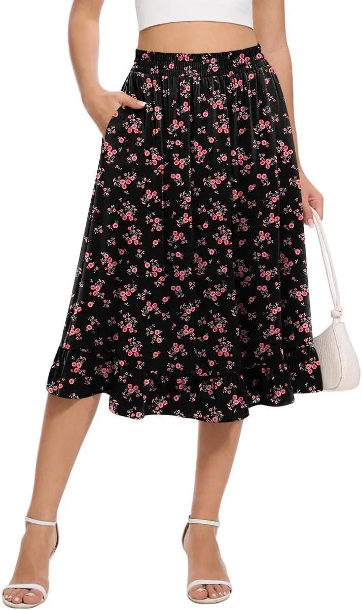 Midi Skirts for Women Trendy Elastic High Waist Flowy Swing A Line Casual Tiered Ruffle Skirt with Pockets